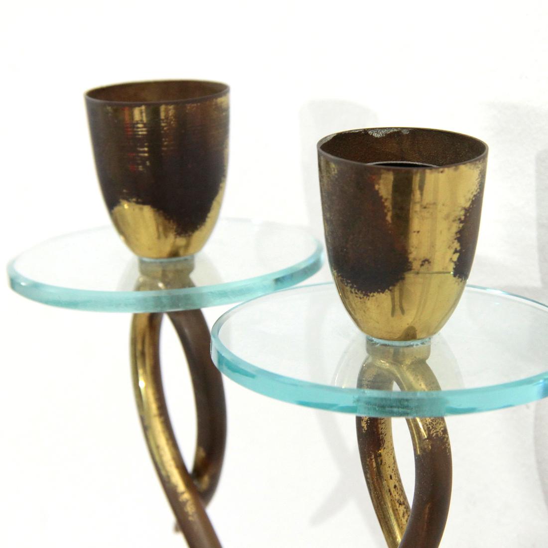 Pair of Midcentury Brass and Glass Italian Wall Lamps, 1950s For Sale 2