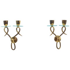 Pair of Midcentury Brass and Glass Italian Wall Lamps, 1950s