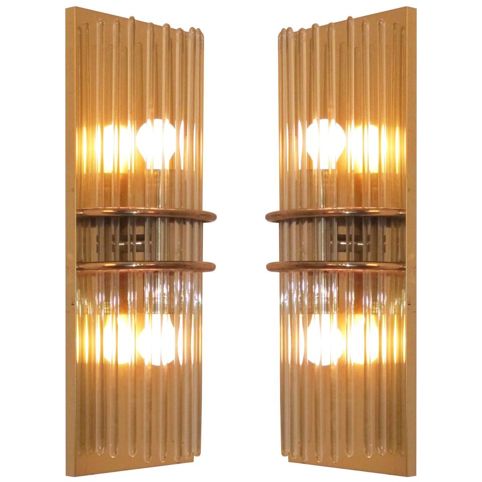 Pair of Midcentury Brass and Glass Wall Sconces, American, 1960s