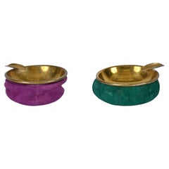 Pair of Midcentury Brass and Green and Violet Suede Italian Ashtrays, 1950s