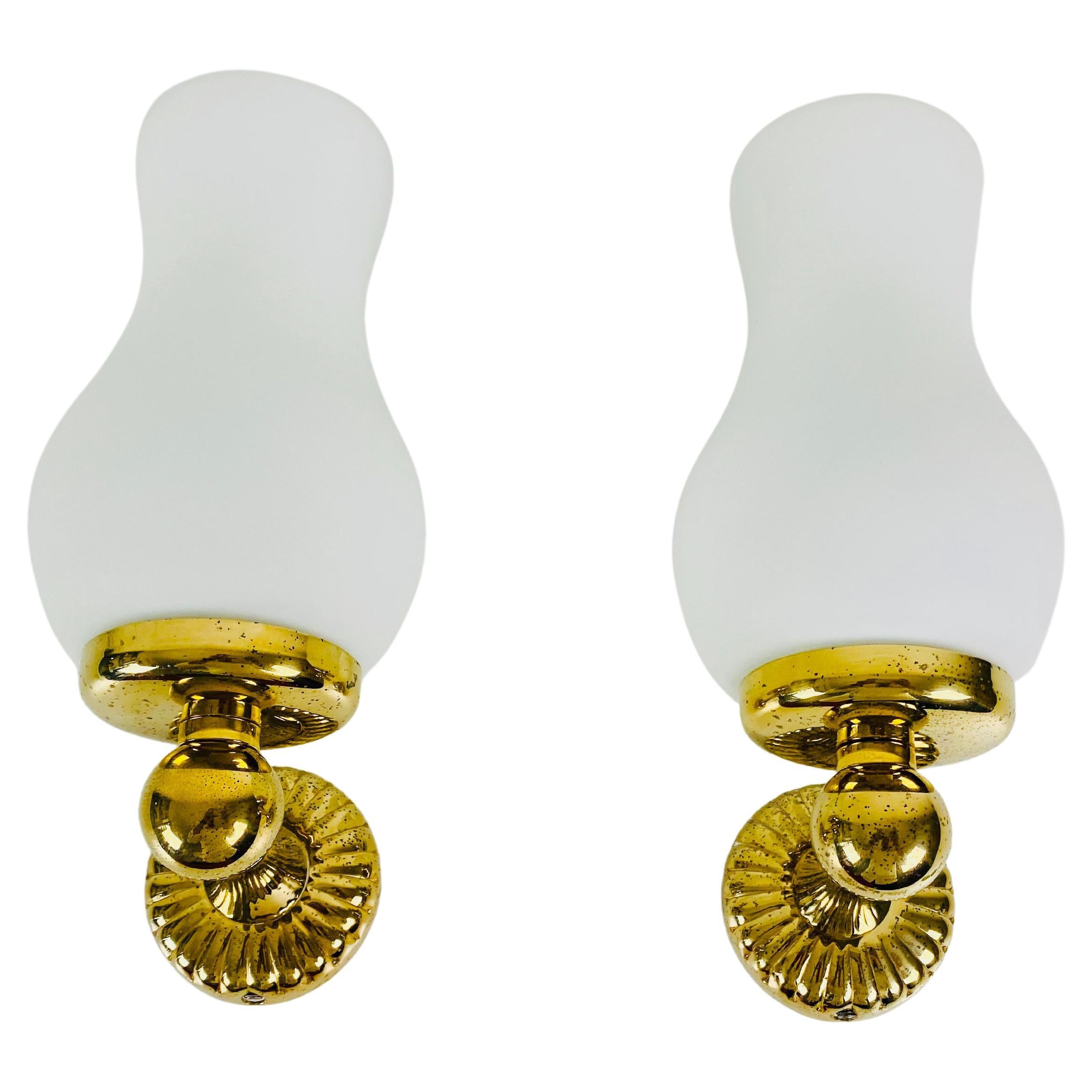 Pair of Midcentury Brass and Opaline Glass Wall Lamps, Italy, 1960s For Sale