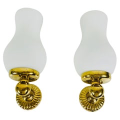 Vintage Pair of Midcentury Brass and Opaline Glass Wall Lamps, Italy, 1960s