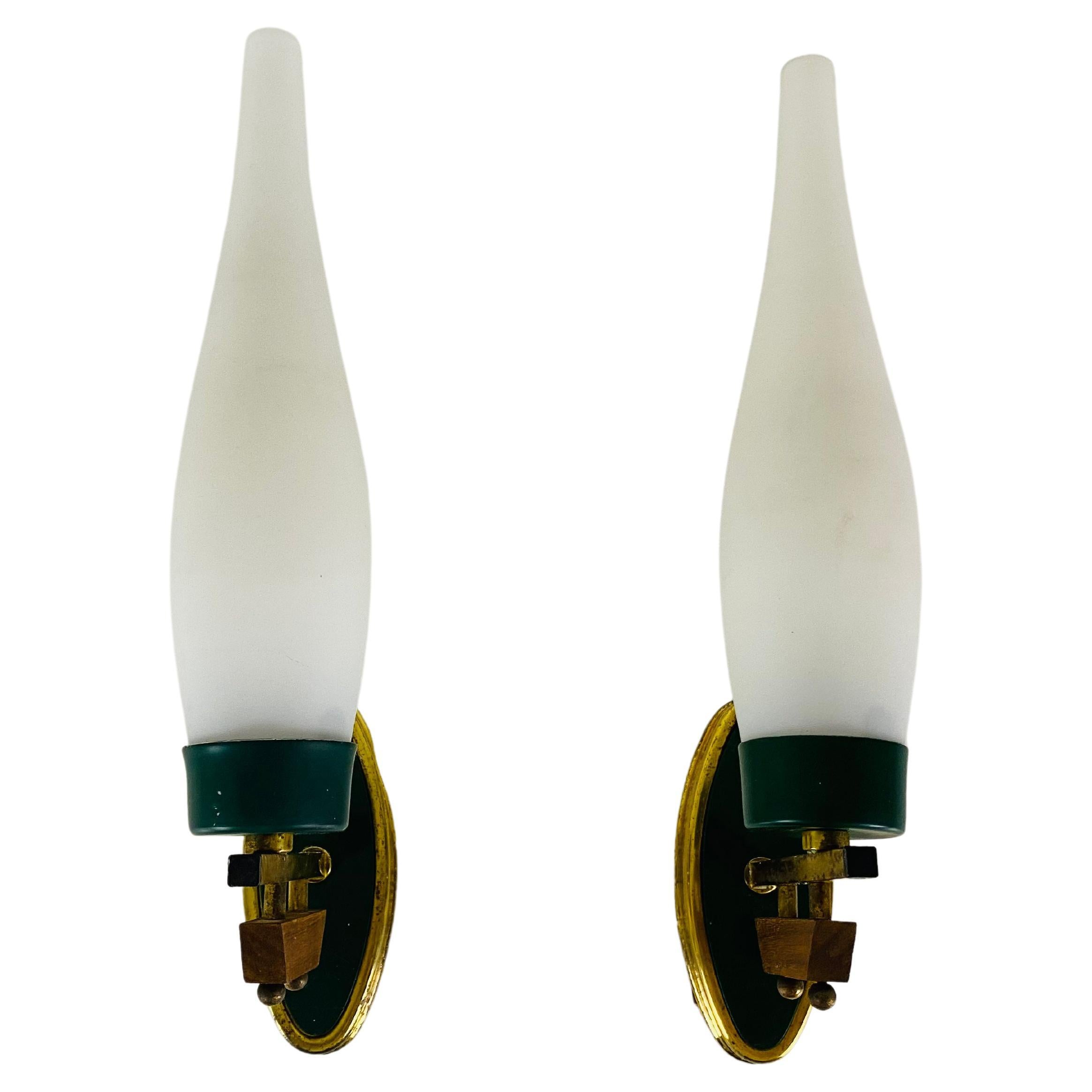 Pair of Midcentury Brass and Opaline Glass Wall Lamps, Italy, 1960s For Sale