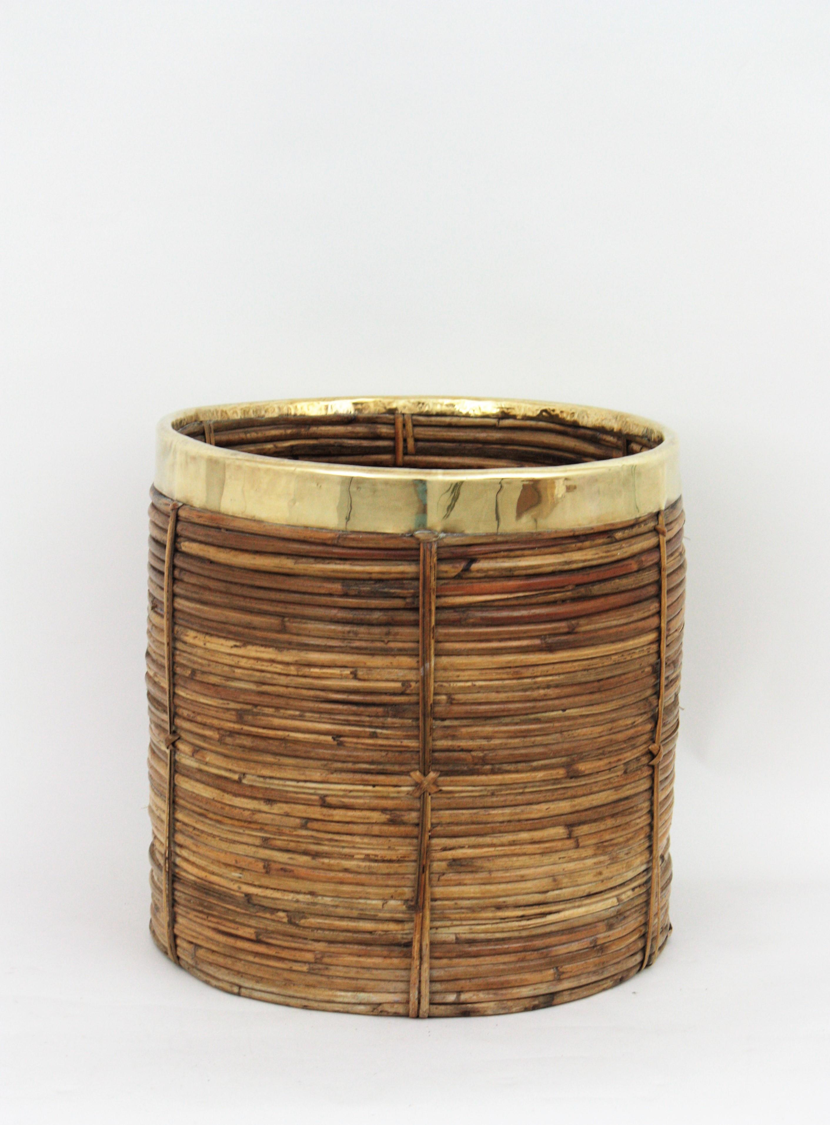 Pair of Midcentury Brass and Rattan Bamboo Round Planters or Baskets, 1970s 4