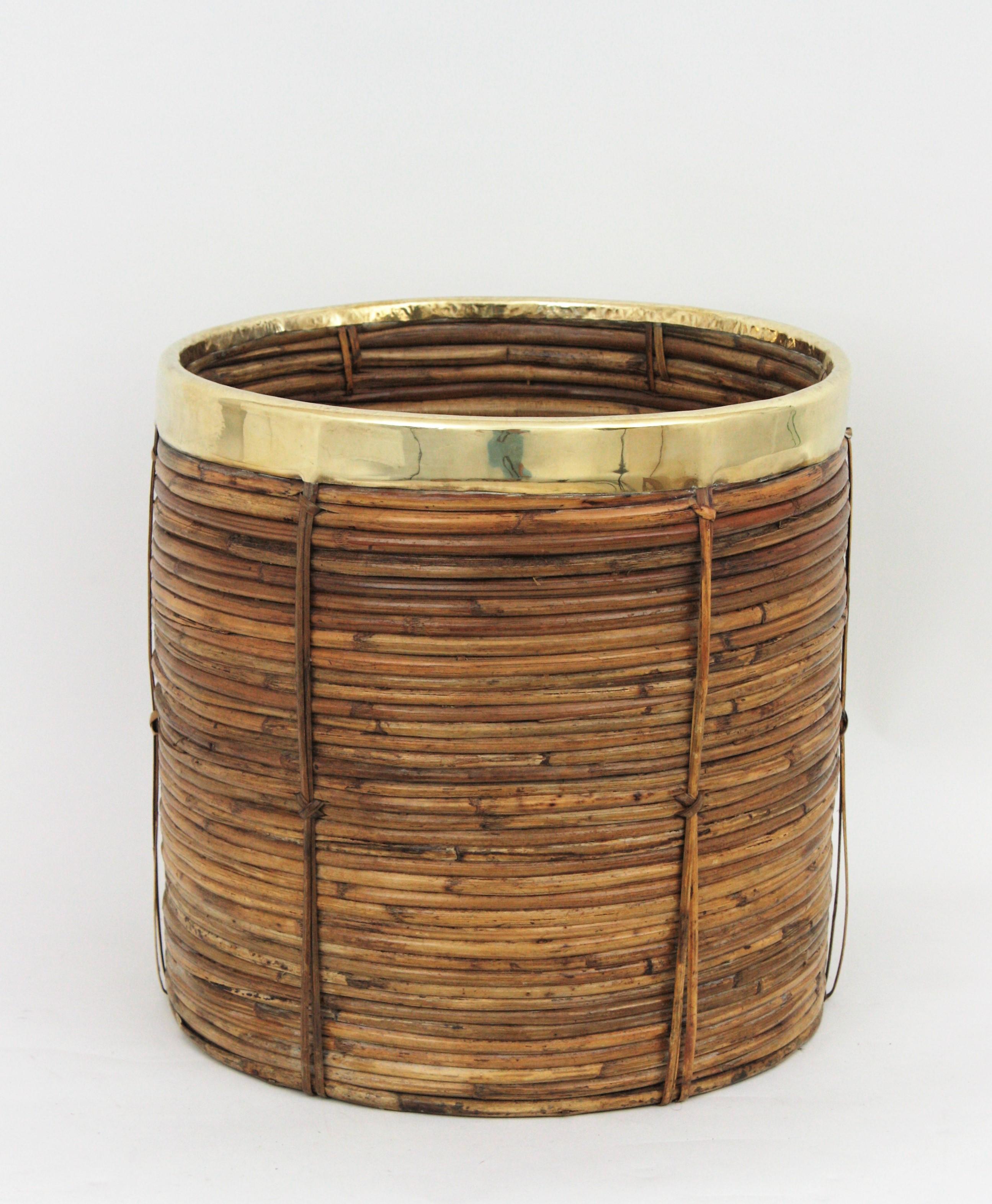 Pair of Midcentury Brass and Rattan Bamboo Round Planters or Baskets, 1970s 6