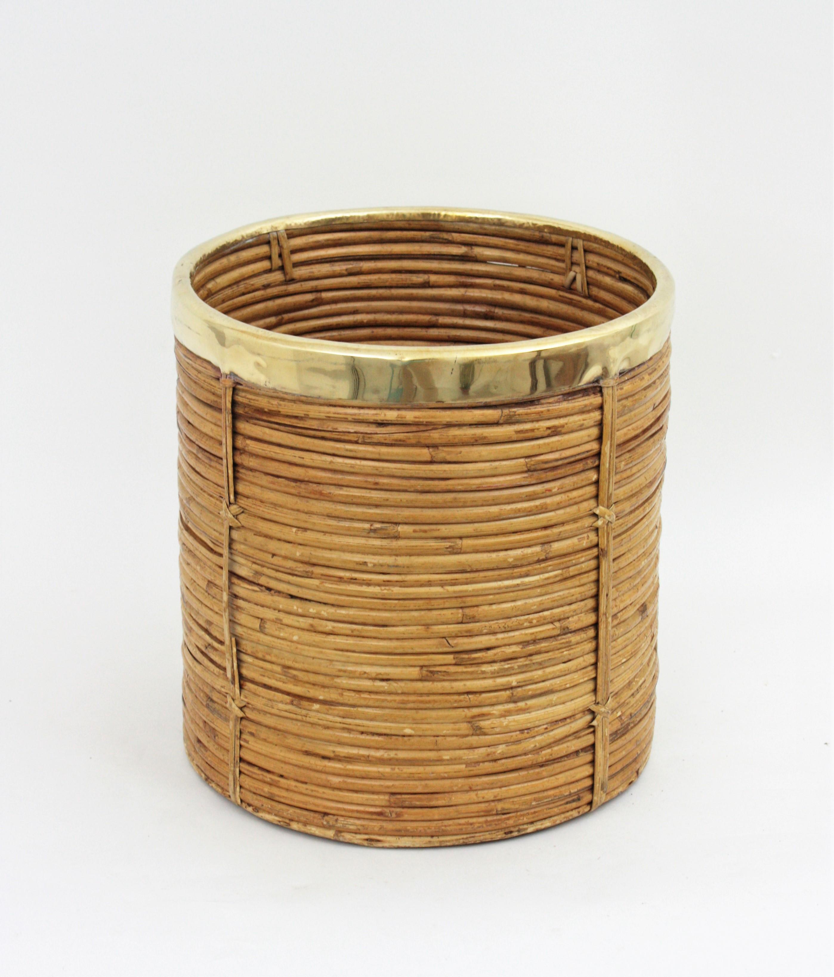 Pair of Midcentury Brass and Rattan Bamboo Round Planters or Baskets, 1970s 7