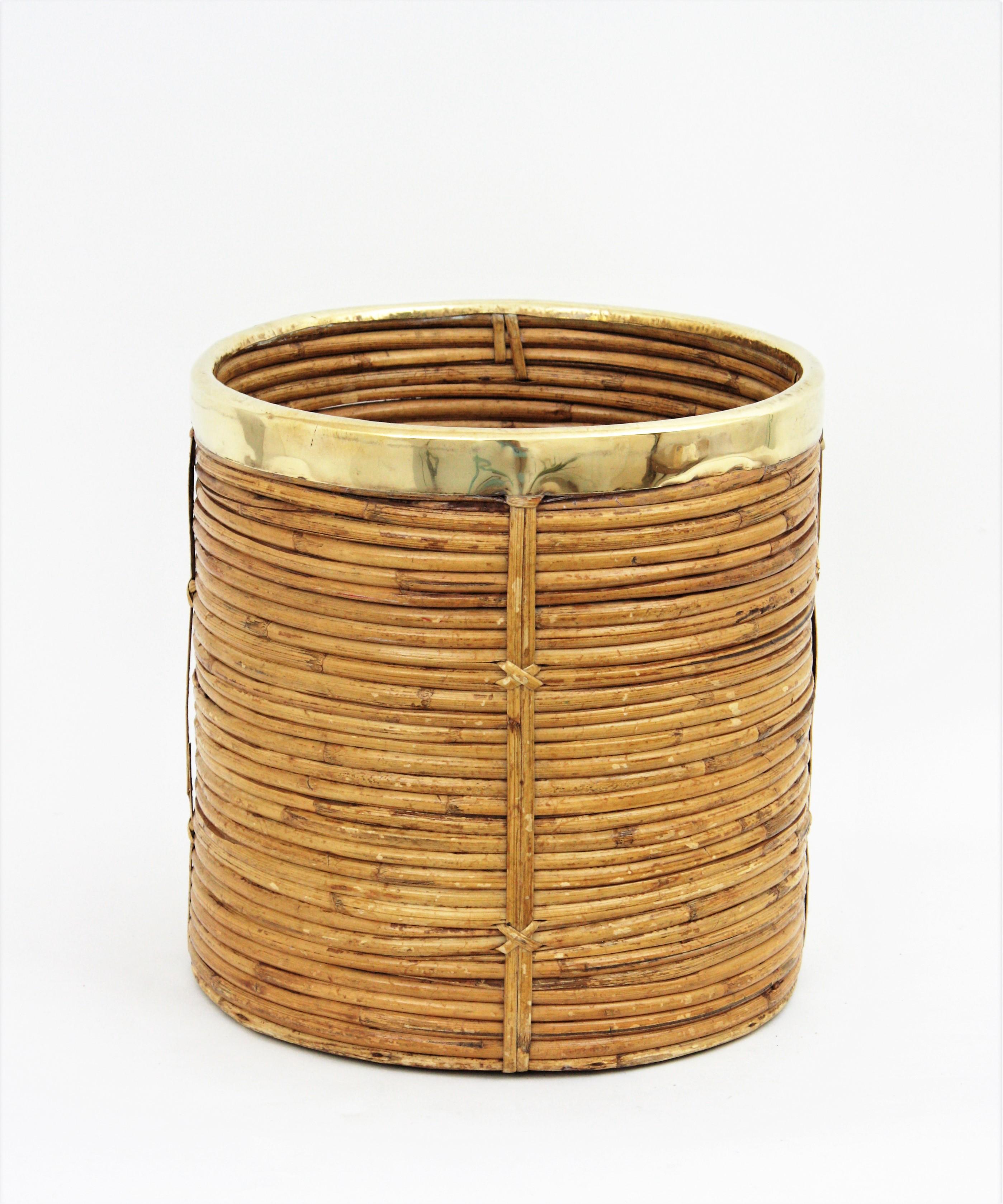 Pair of Midcentury Brass and Rattan Bamboo Round Planters or Baskets, 1970s 8