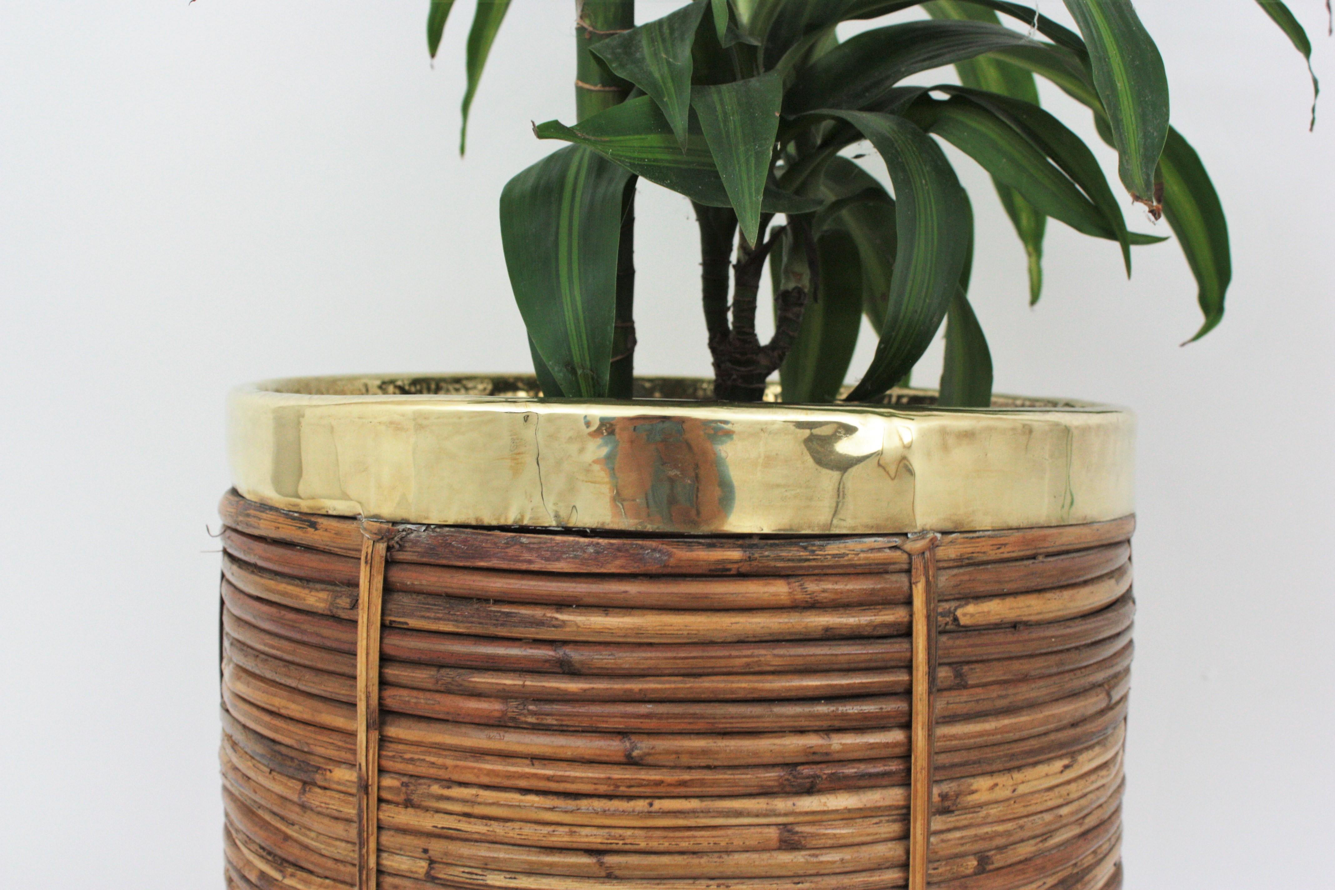 Pair of Midcentury Brass and Rattan Bamboo Round Planters or Baskets, 1970s 2