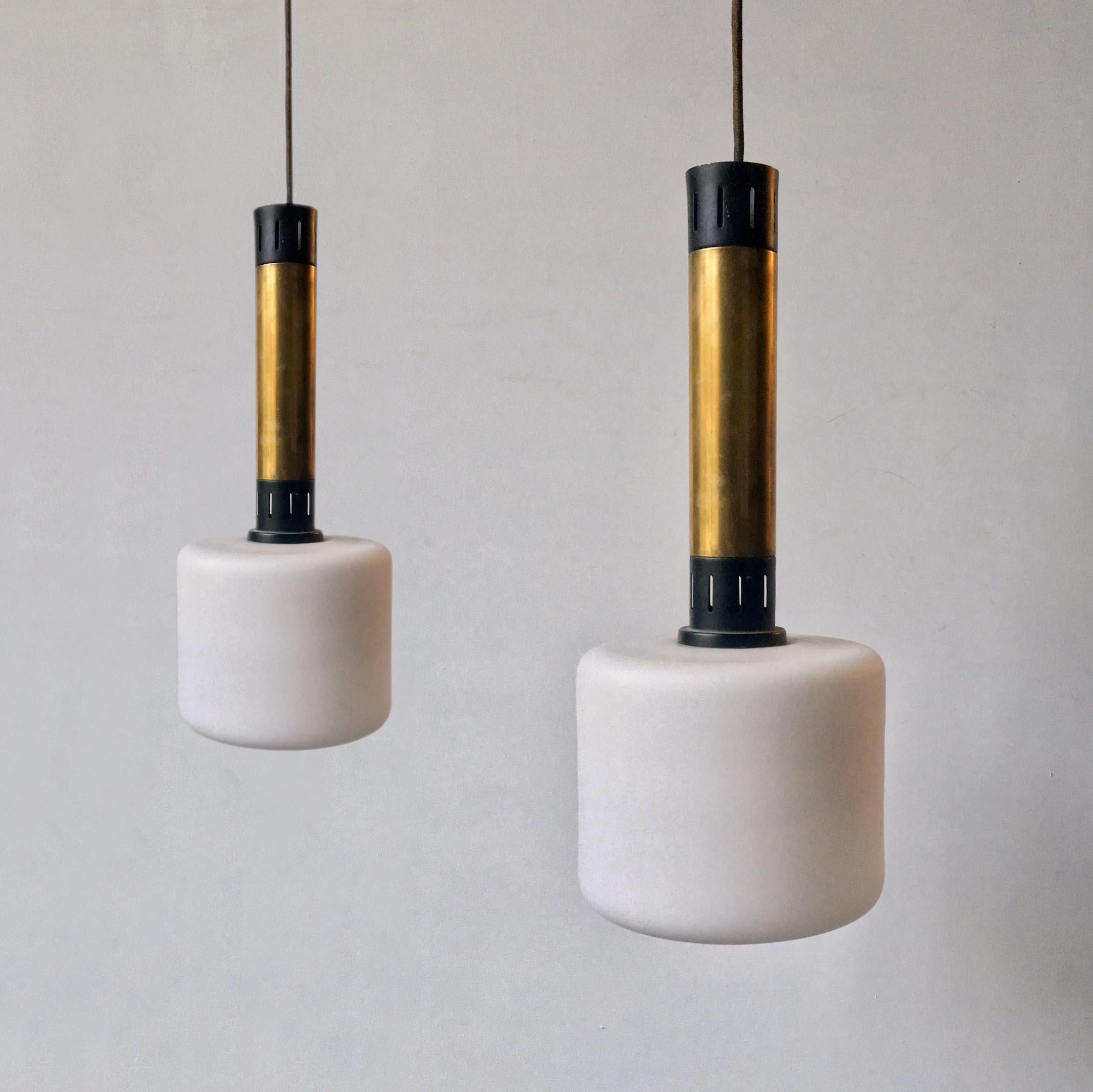 Mid-Century Modern Pair of Midcentury Brass and Satin Glass Pendant Lights Attributed to Stilnovo