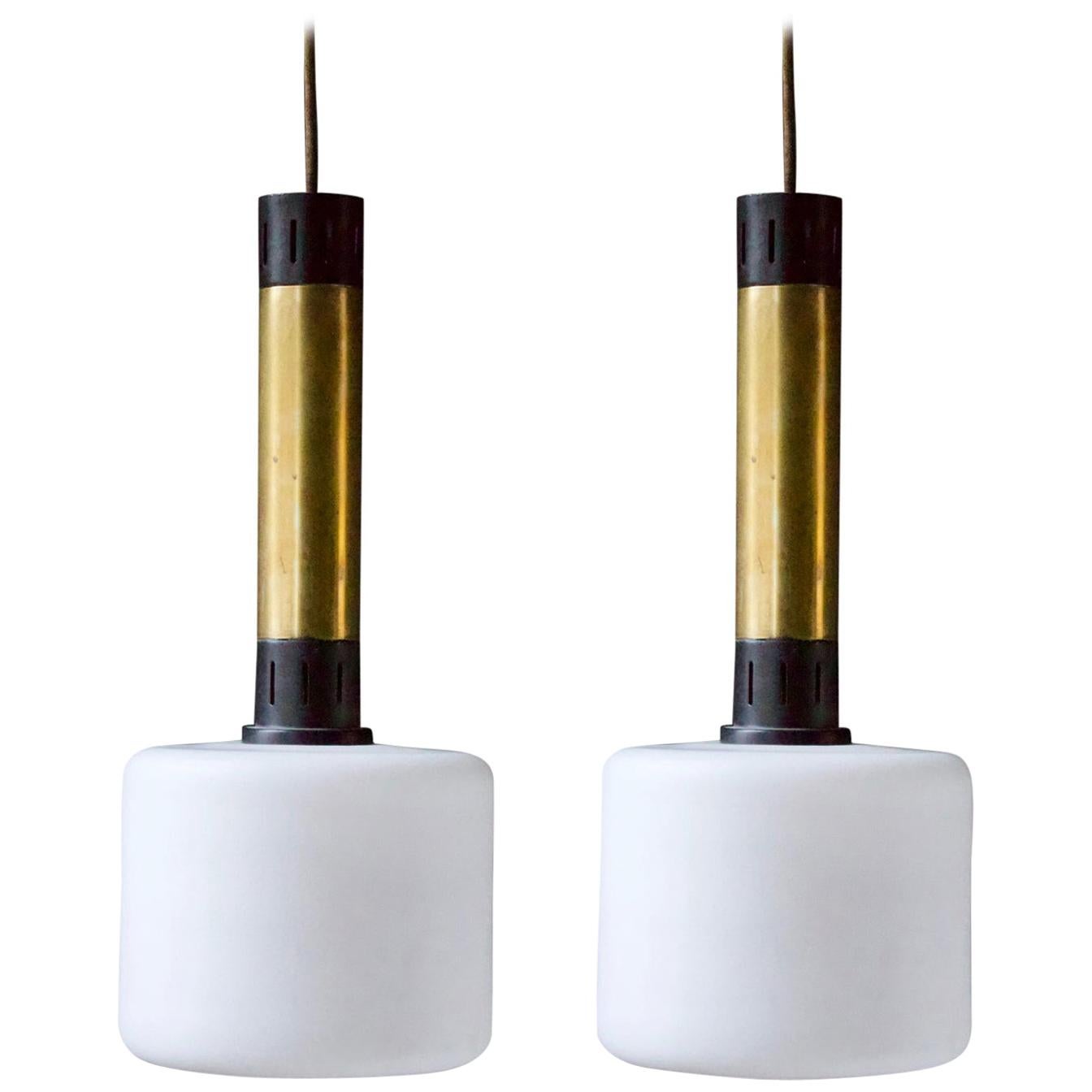 Pair of Midcentury Brass and Satin Glass Pendant Lights Attributed to Stilnovo