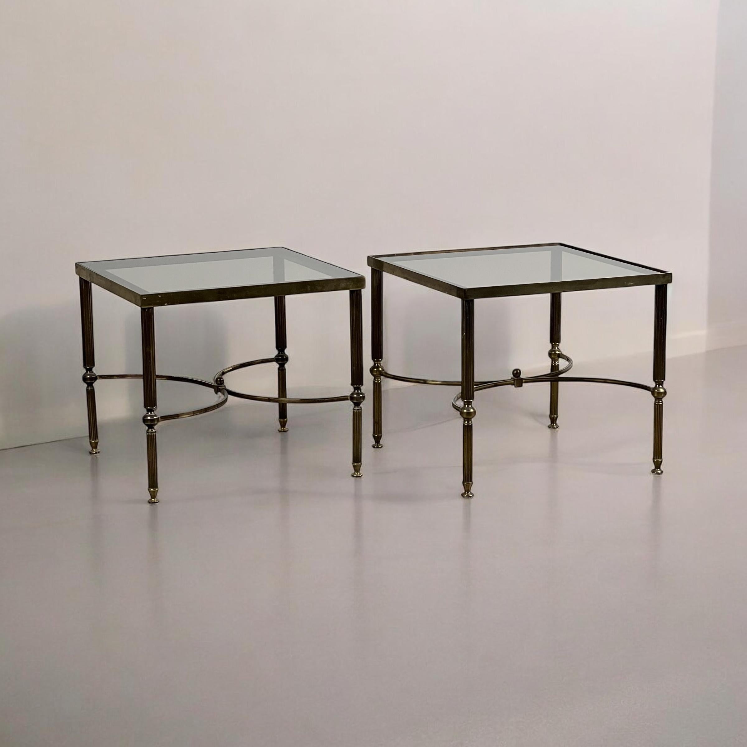 Mid-Century Modern Pair Of Midcentury Brass And Smoked Glass Side, Lamp Or Bedside Tables For Sale