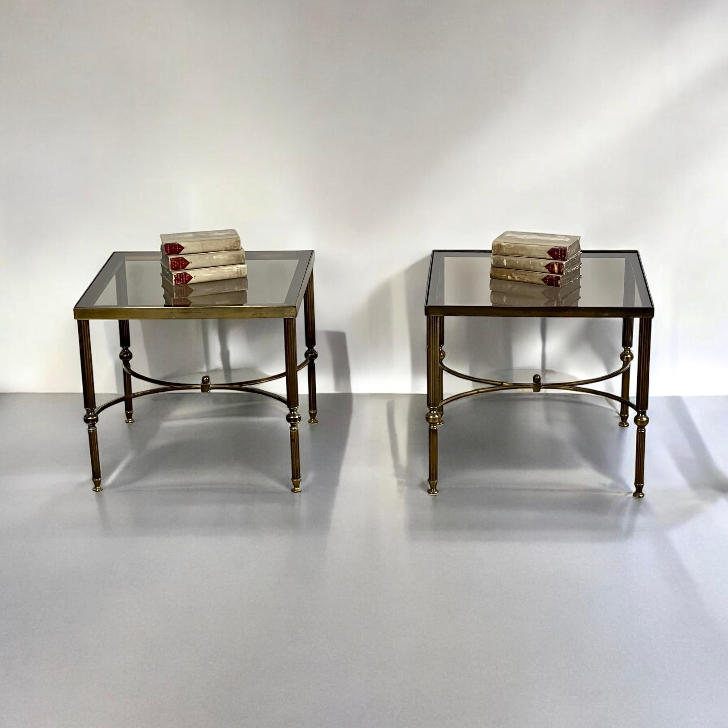 English Pair Of Midcentury Brass And Smoked Glass Side, Lamp Or Bedside Tables For Sale