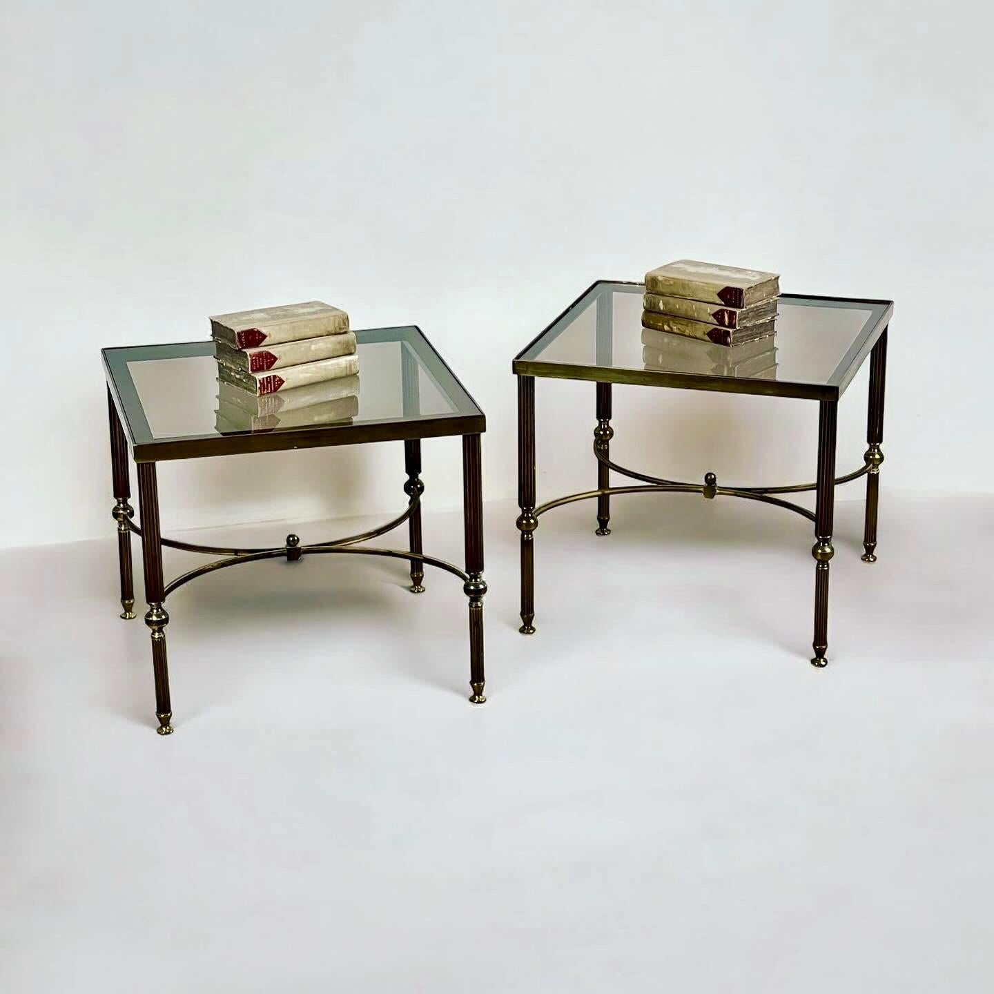 Pair Of Midcentury Brass And Smoked Glass Side, Lamp Or Bedside Tables For Sale 3