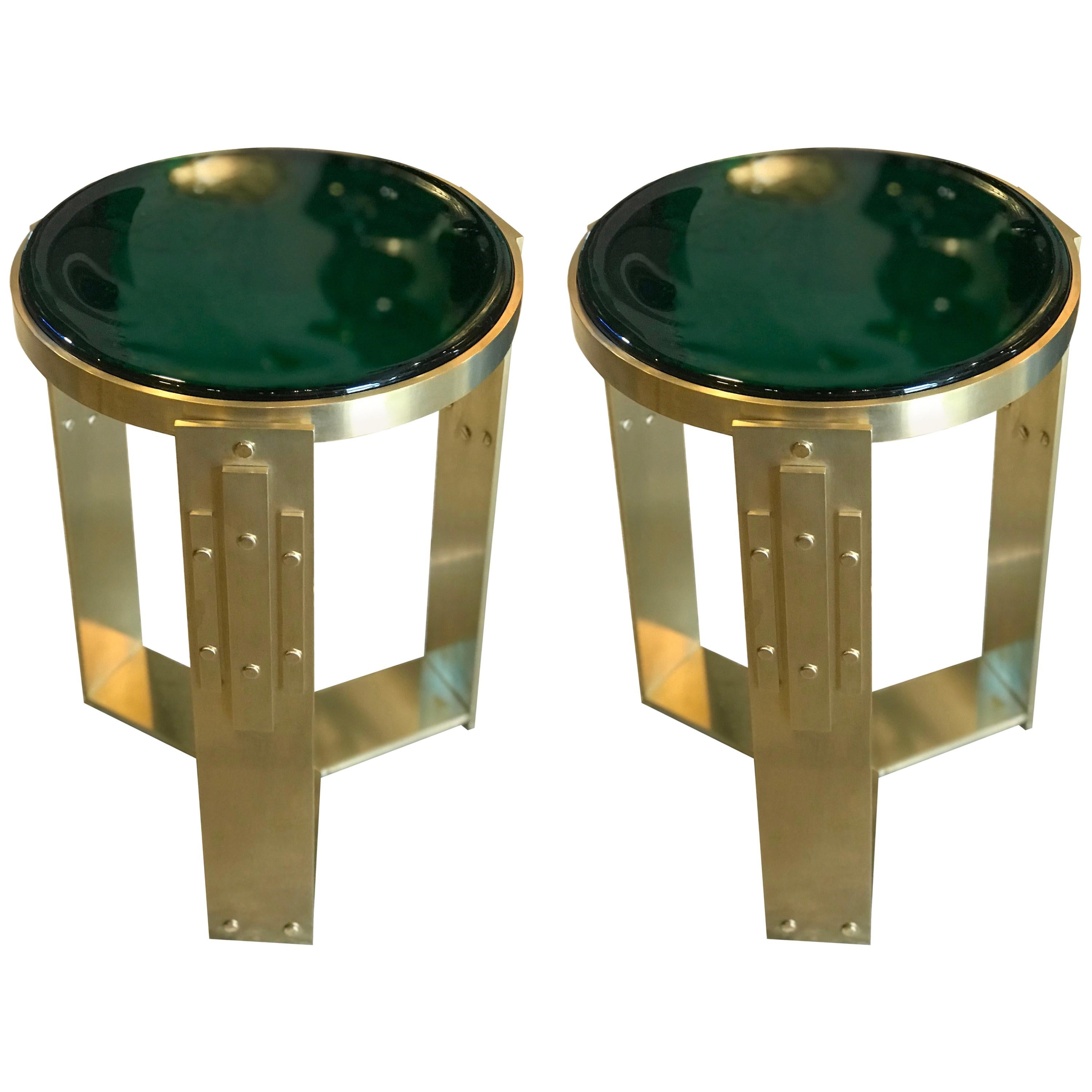 Pair of Midcentury Brass and Thick Glass Accent Tables
