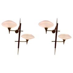 Pair of Midcentury Brass, Brown Faux Leather and Glass Shades Wall Lights