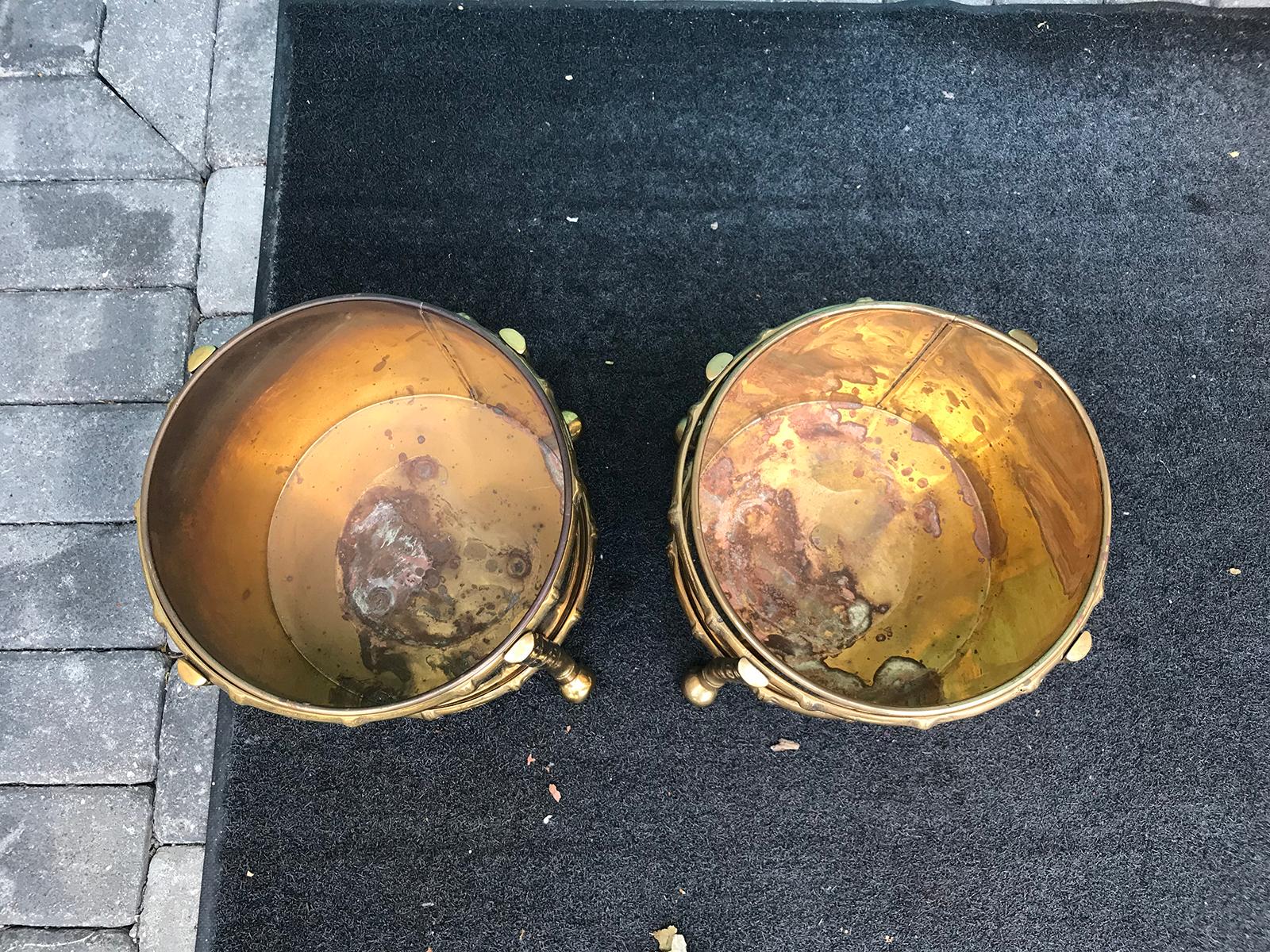 Pair of Midcentury Brass Cachepots with Faux Bamboo Holders 8