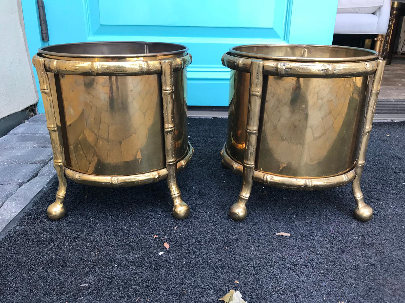 Pair of Midcentury Brass Cachepots with Faux Bamboo Holders 10