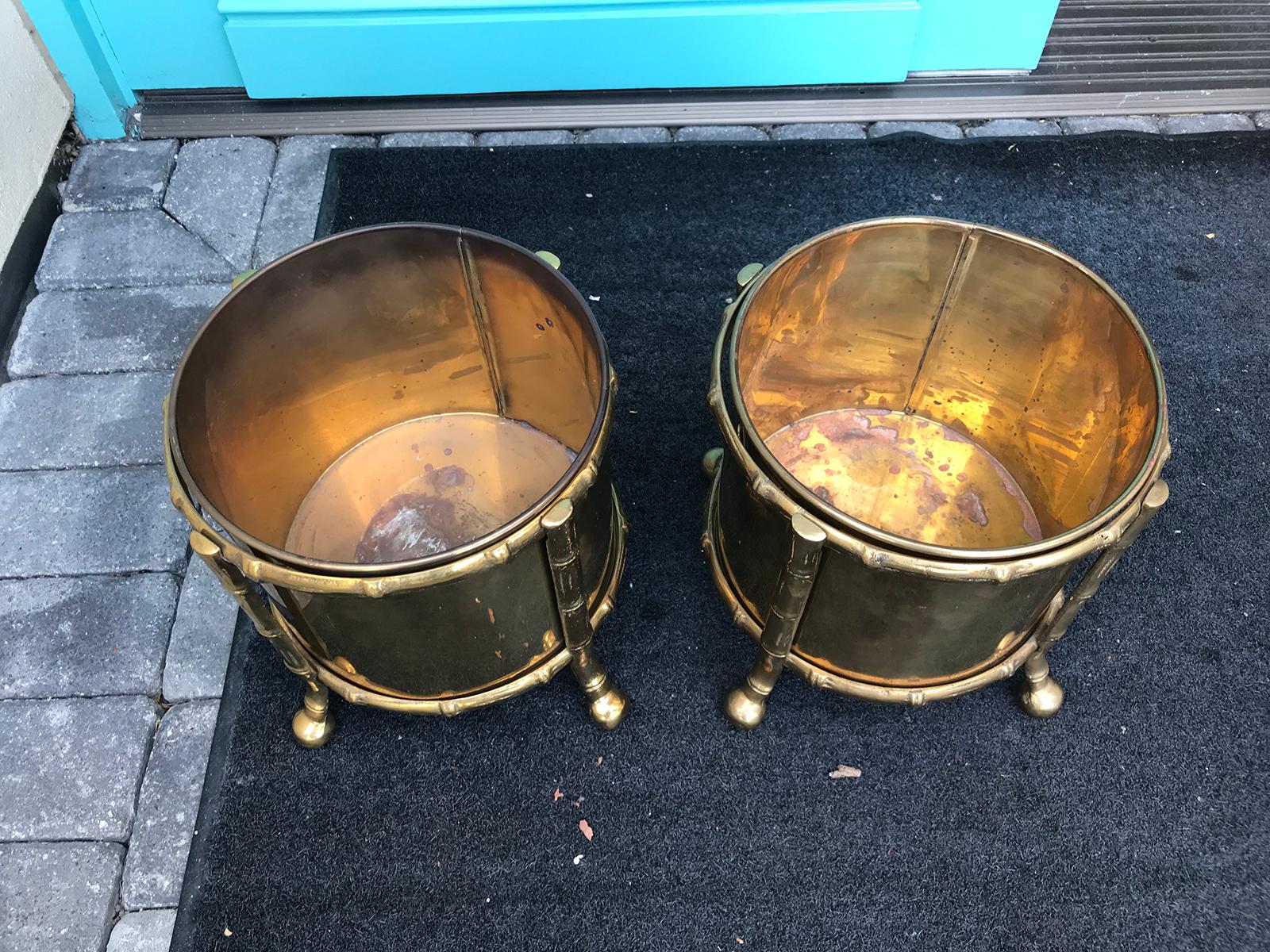 Pair of Midcentury Brass Cachepots with Faux Bamboo Holders In Good Condition In Atlanta, GA