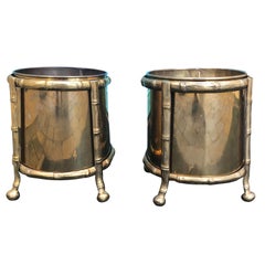 Pair of Midcentury Brass Cachepots with Faux Bamboo Holders