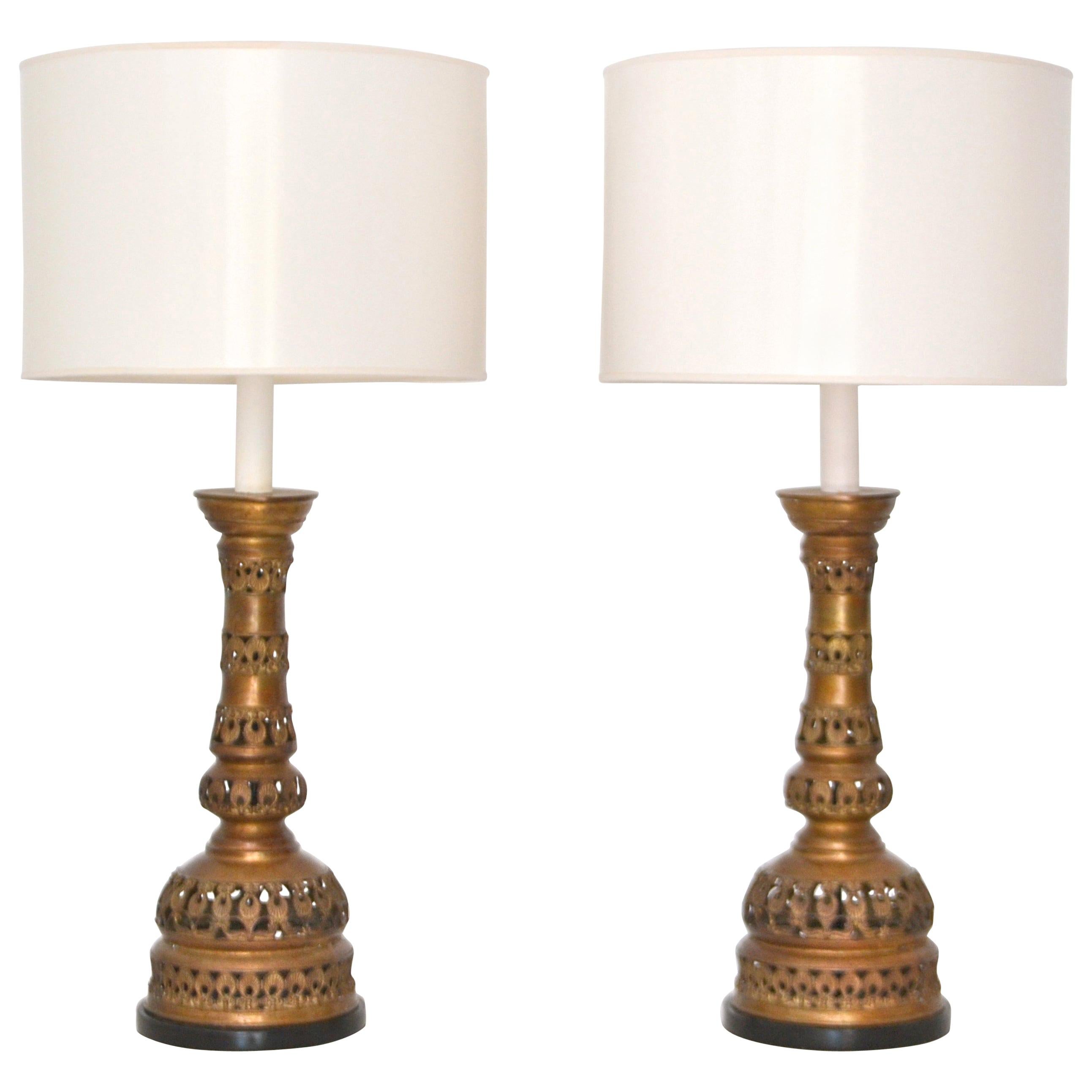 Pair of Midcentury Brass Candlestick Table Lamps For Sale