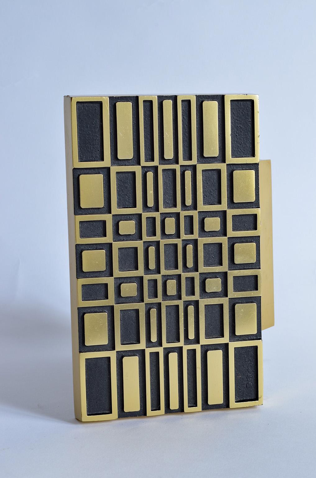 Pair of midcentury brass door handles geometric gold and black pattern design, 1970s, Germany.