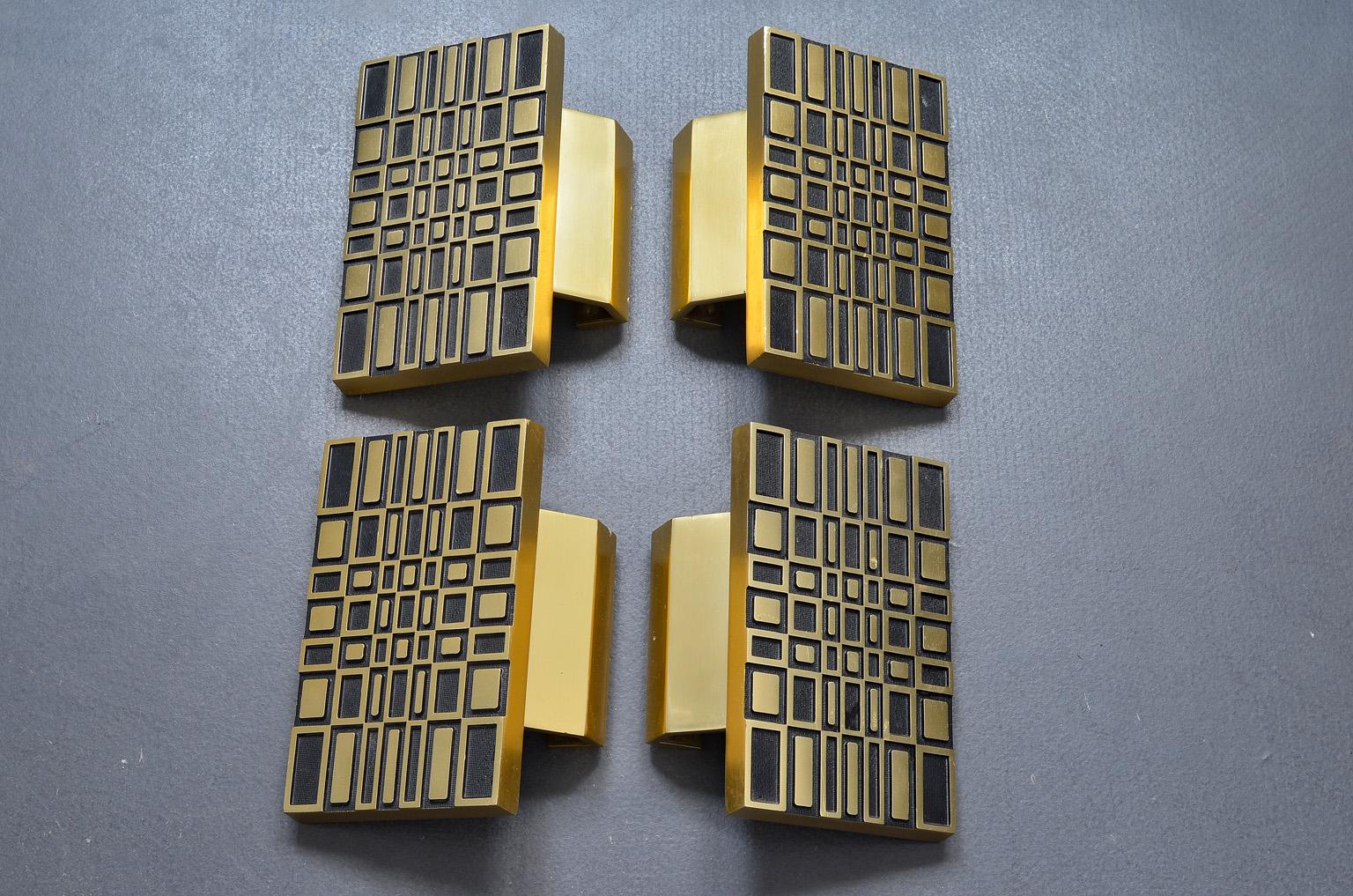 Late 20th Century Pair of Midcentury Brass Door Handles Geometric Gold and Black Design, 1970s For Sale