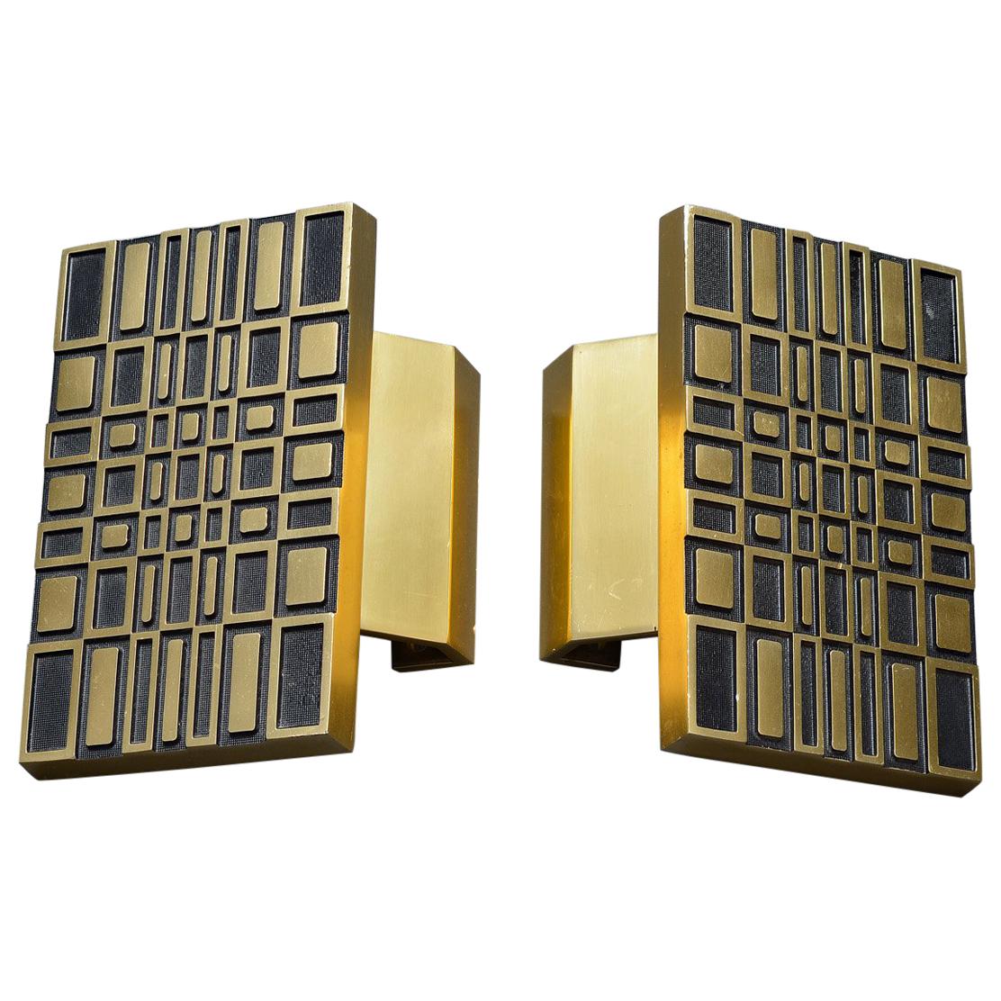 Pair of Midcentury Brass Door Handles Geometric Gold and Black Design, 1970s For Sale