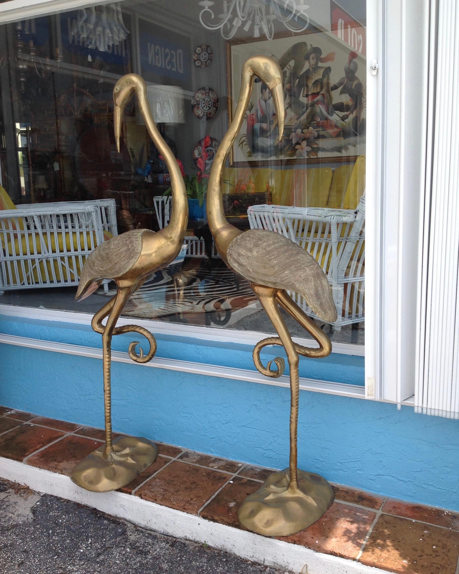 Pair of Midcentury Brass Figures of Cranes In Good Condition In West Palm Beach, FL