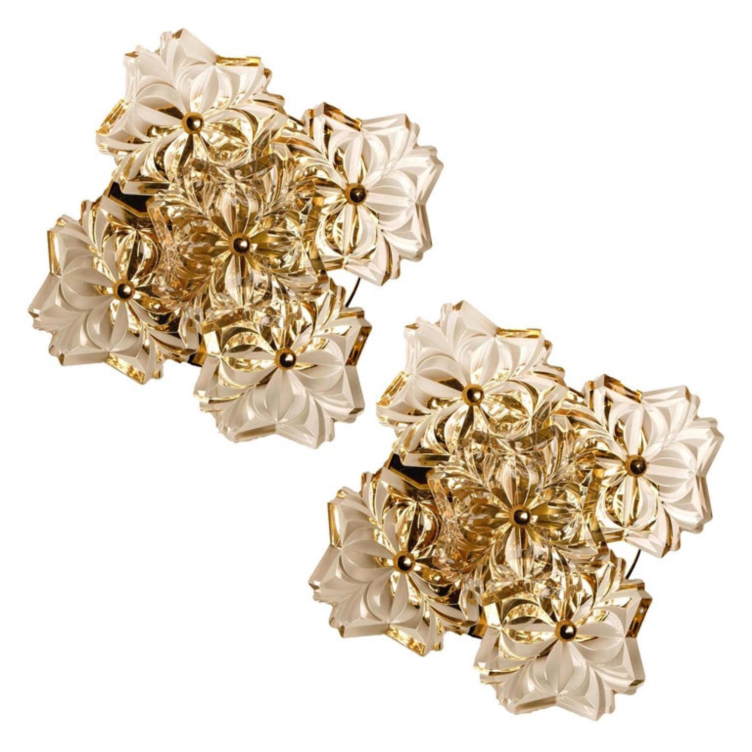 These sculptural wall sconces have the design of a bouquet of textured glass flowers and are from the historical lighting company Hillebrand. Each light has five glass shades. Flower shaped.

Each clear glass flower shade has textured petals and is