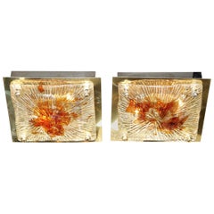 Pair of Midcentury Brass & Handblown Clear/Smoked Ruby Murano Glass Flush Mounts