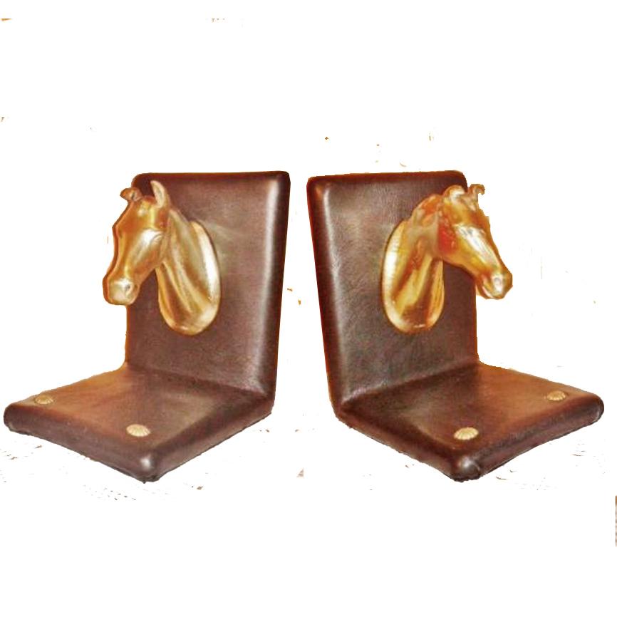 Pair of Midcentury Brass Horse Sculpture and Brown Leather French Bookends 8