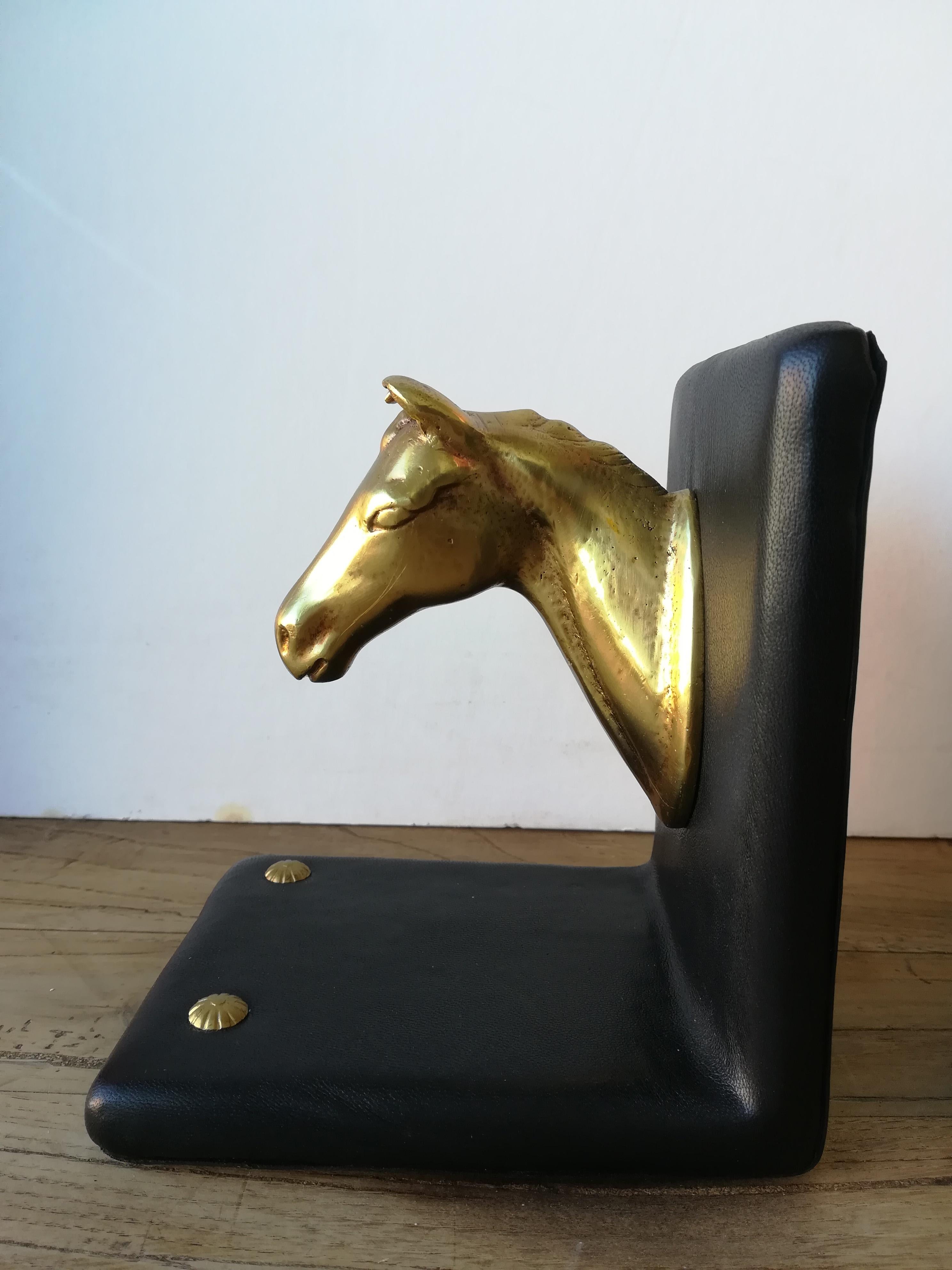 Pair of Midcentury Brass Horse Sculpture and Brown Leather French Bookends 9
