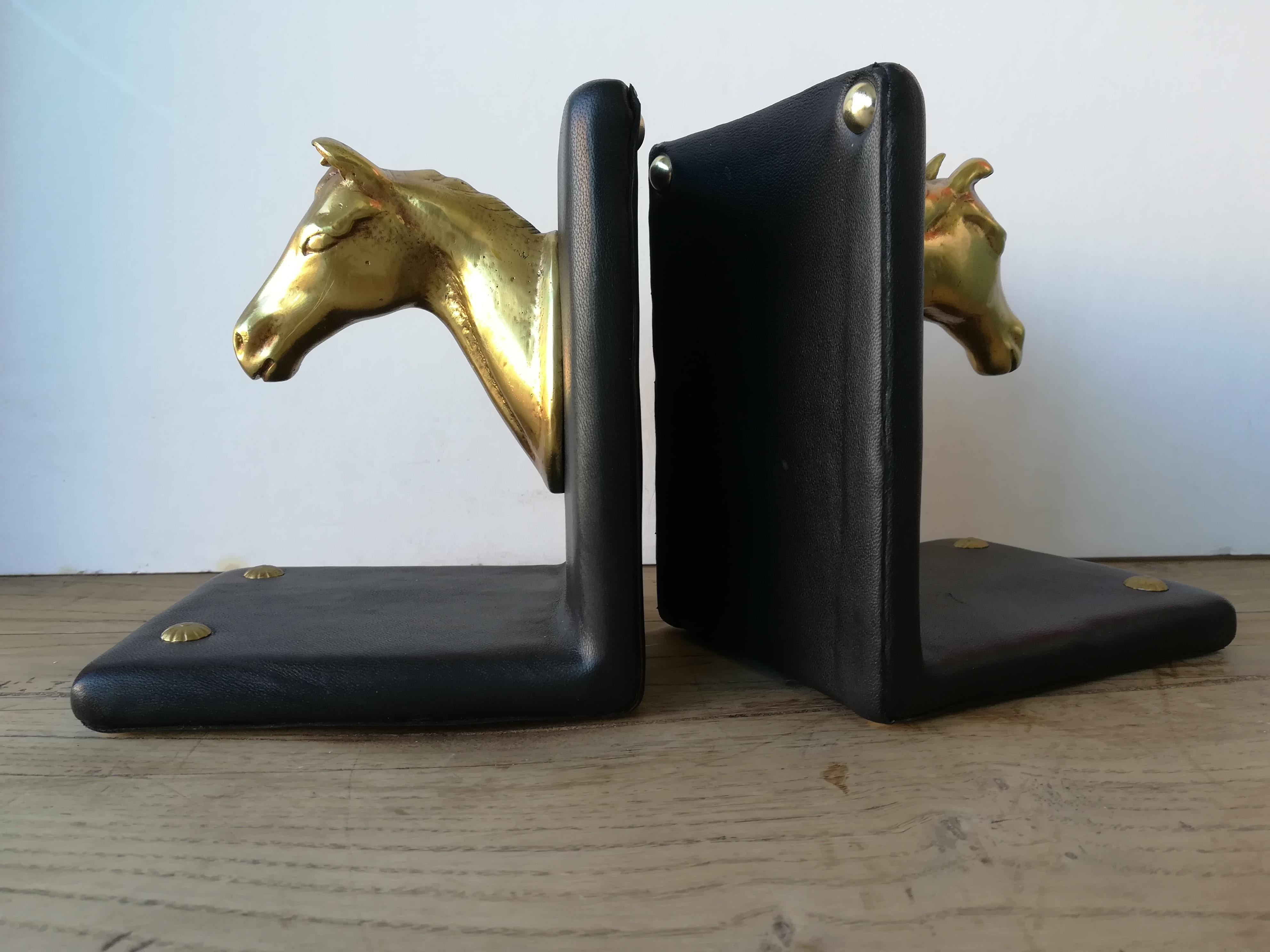 Pair of Midcentury Brass Horse Sculpture and Brown Leather French Bookends 10