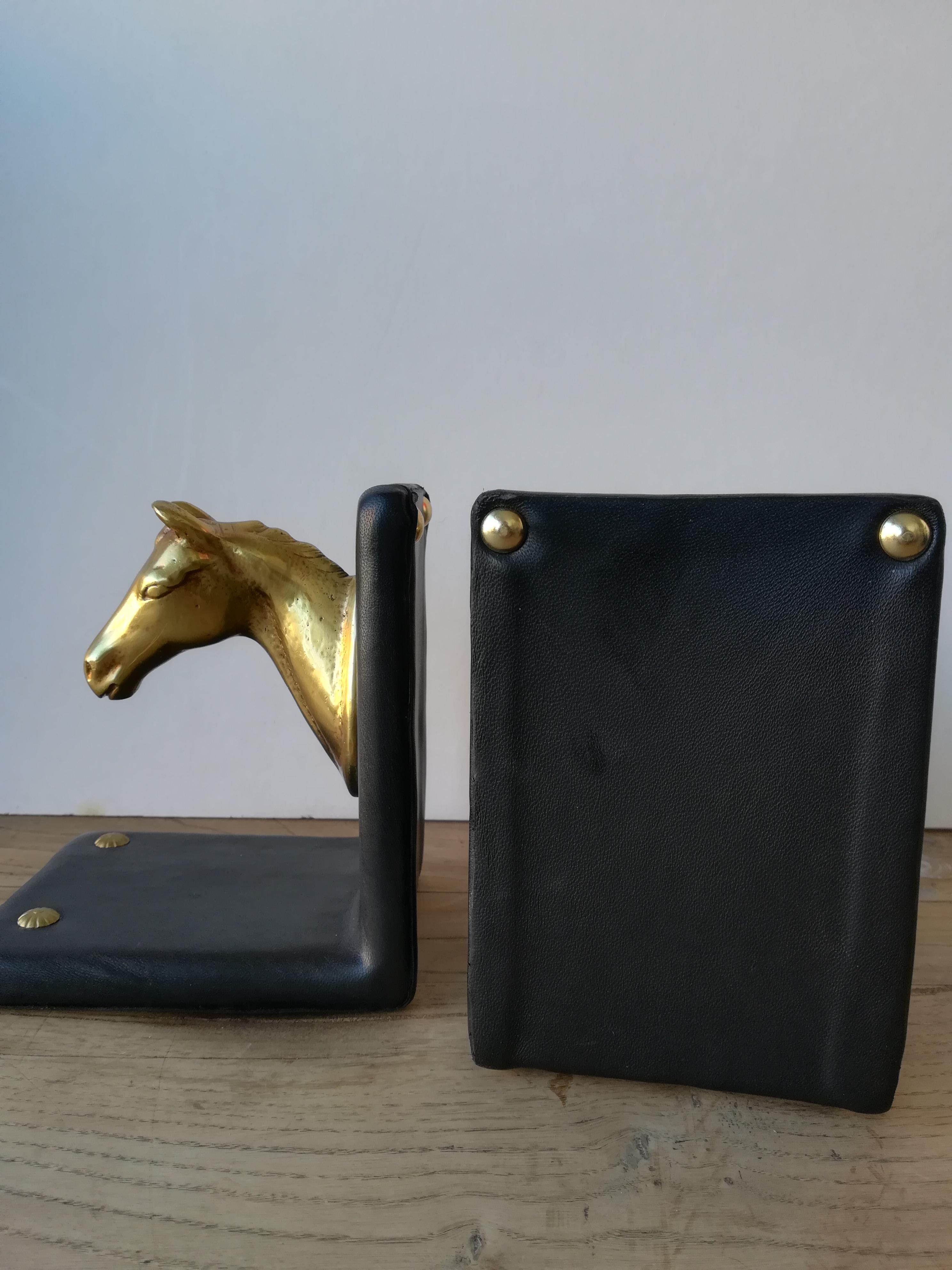 Pair of Midcentury Brass Horse Sculpture and Brown Leather French Bookends 11