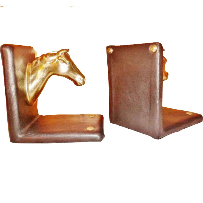 Pair of Midcentury Brass Horse Sculpture and Brown Leather French Bookends 12