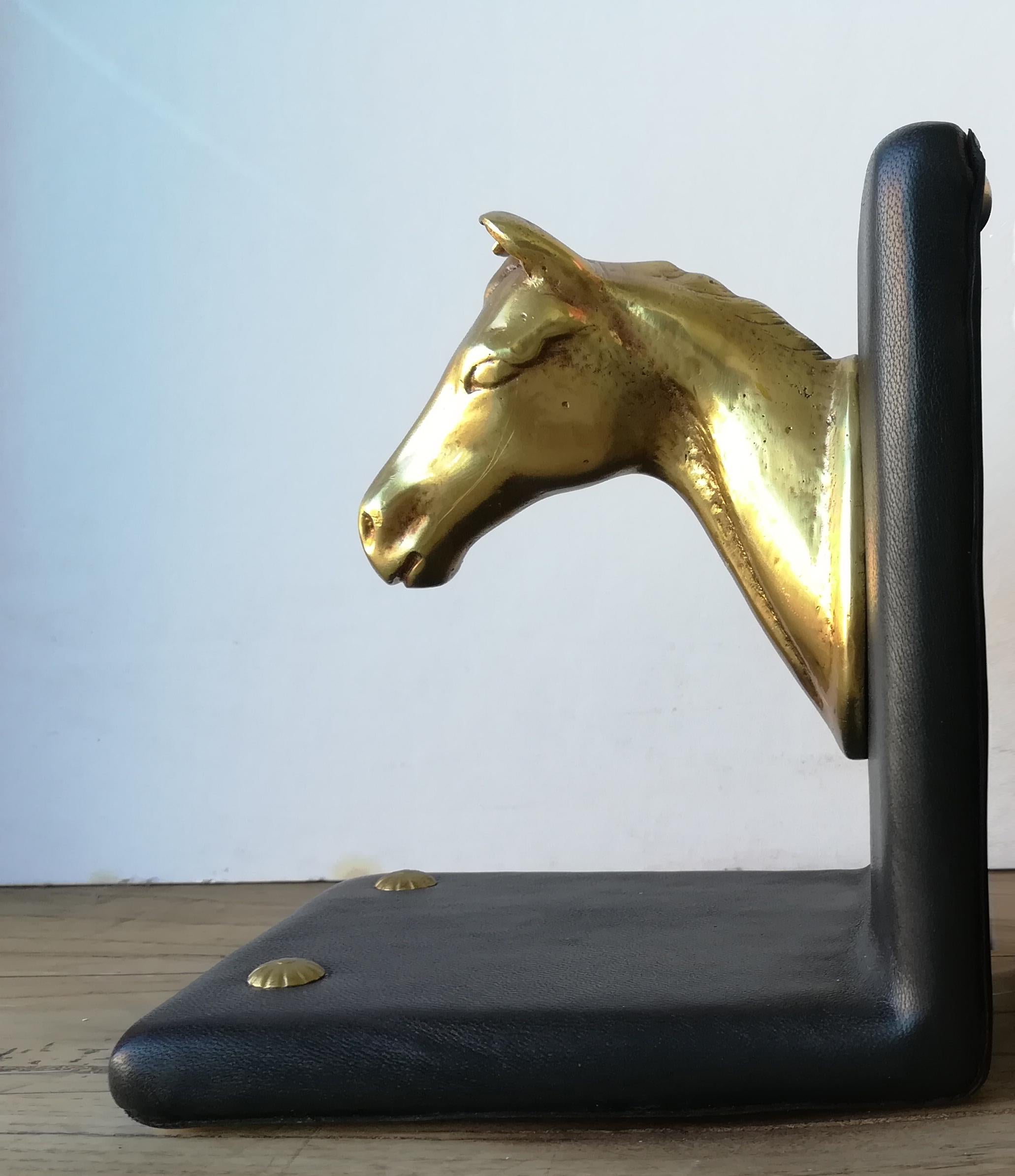 Pair of Midcentury Brass Horse Sculpture and Brown Leather French Bookends 15