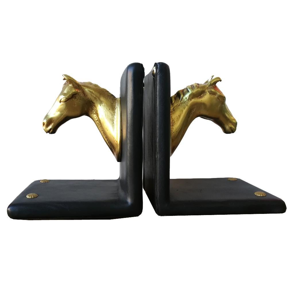 Mid-Century Modern Pair of Midcentury Brass Horse Sculpture and Brown Leather French Bookends
