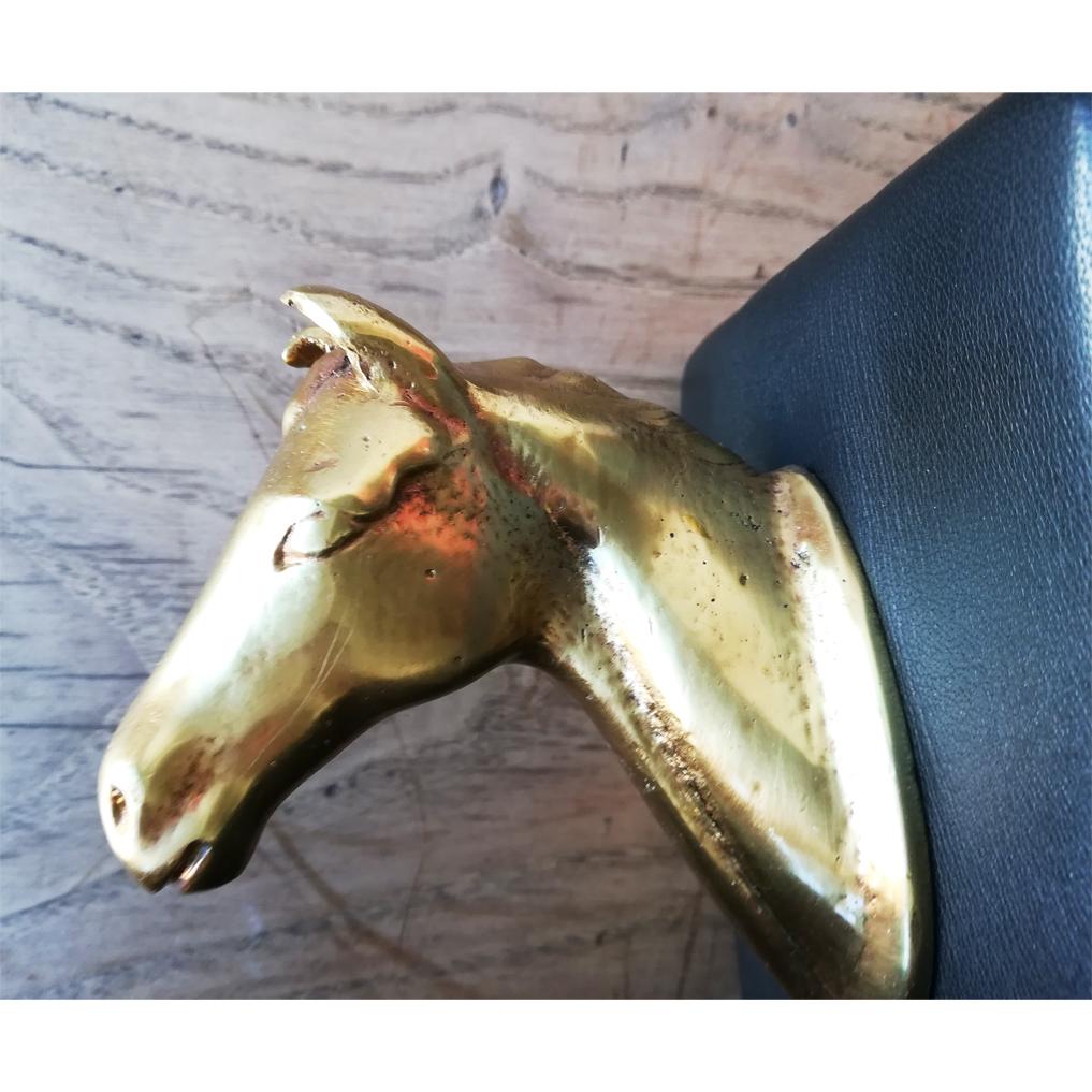Pair of Midcentury Brass Horse Sculpture and Brown Leather French Bookends In Excellent Condition In Mombuey, Zamora
