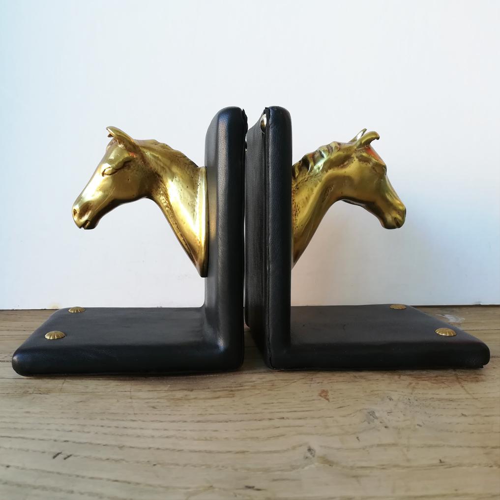 Pair of Midcentury Brass Horse Sculpture and Brown Leather French Bookends 1