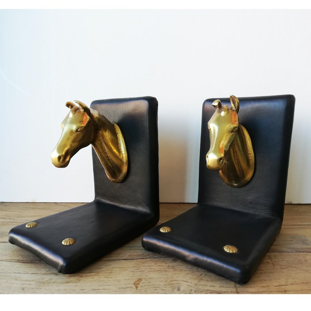 Pair of Midcentury Brass Horse Sculpture and Brown Leather French Bookends 3