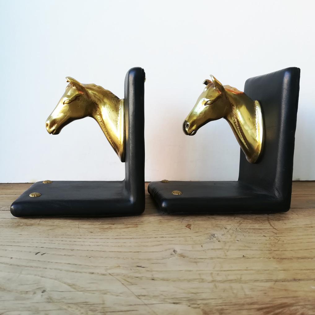 Pair of Midcentury Brass Horse Sculpture and Brown Leather French Bookends 4
