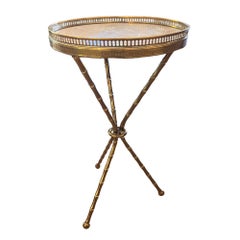 Pair of Midcentury Brass & Marble Faux Bamboo Tripod Side Tables, Made in France