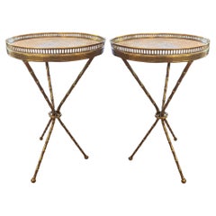 Pair of Midcentury Brass & Marble Faux Bamboo Tripod Side Tables, Made in France