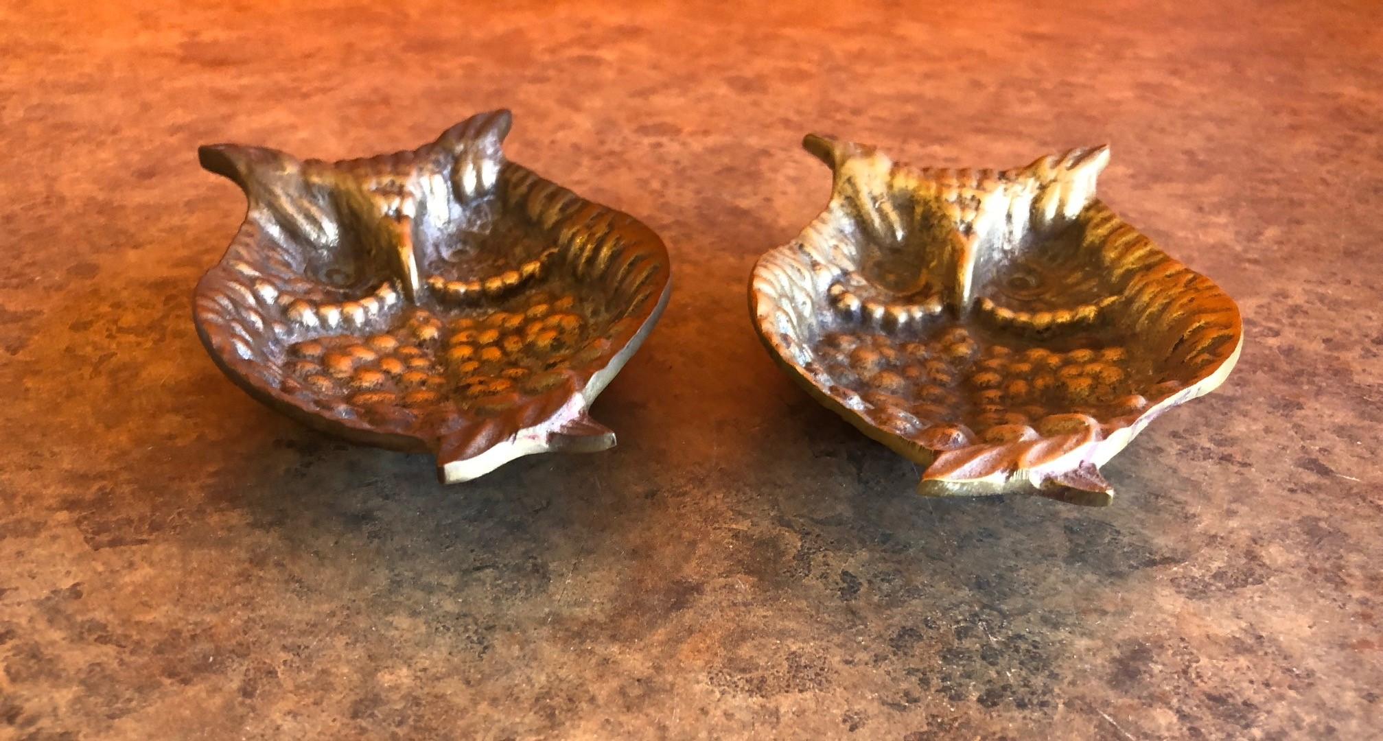 Cast Pair of Midcentury Brass Owl Trinket Dishes