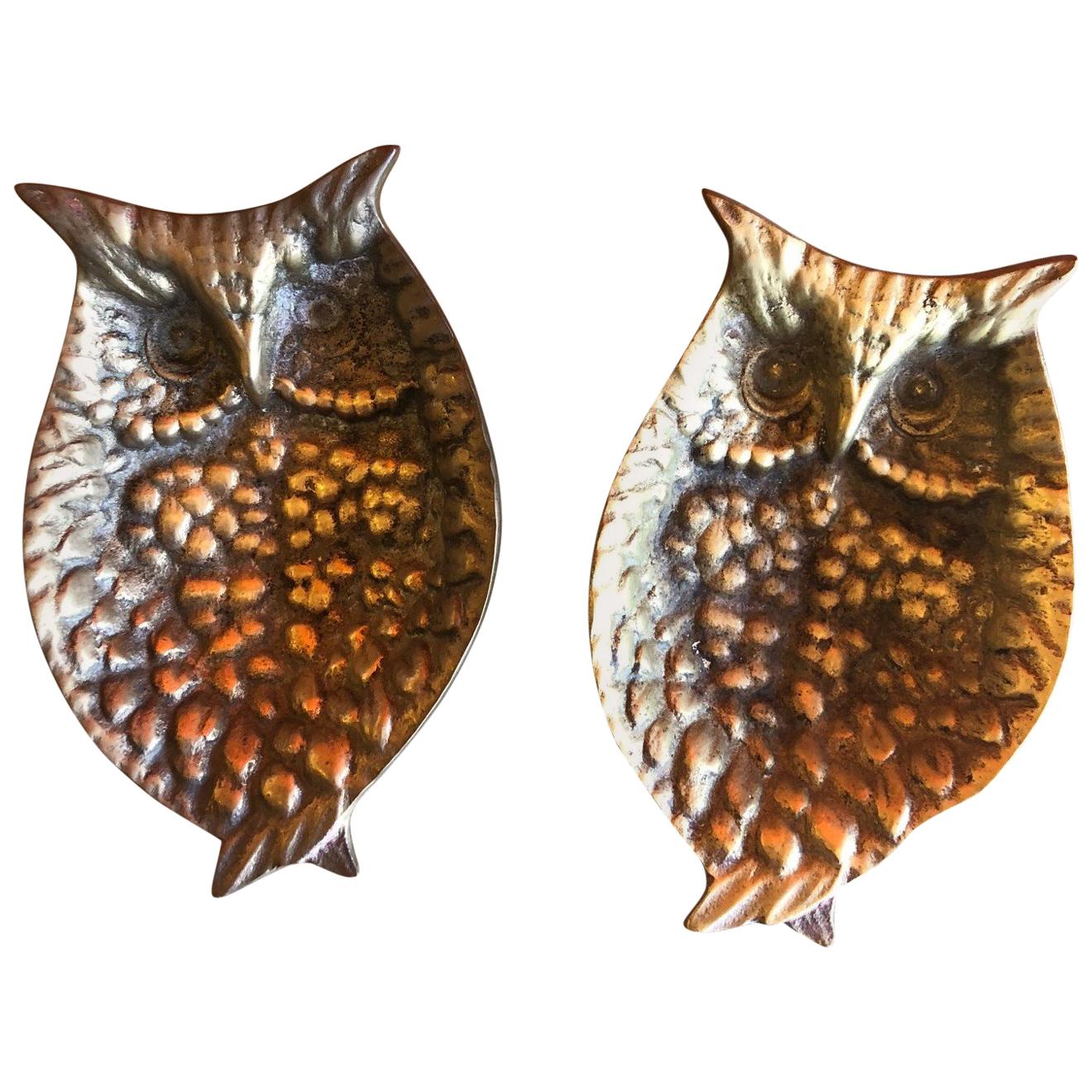 Pair of Midcentury Brass Owl Trinket Dishes