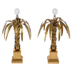 Pair of Midcentury Brass Palm Table Lamps Attributed to Maison Jansen, 1970s
