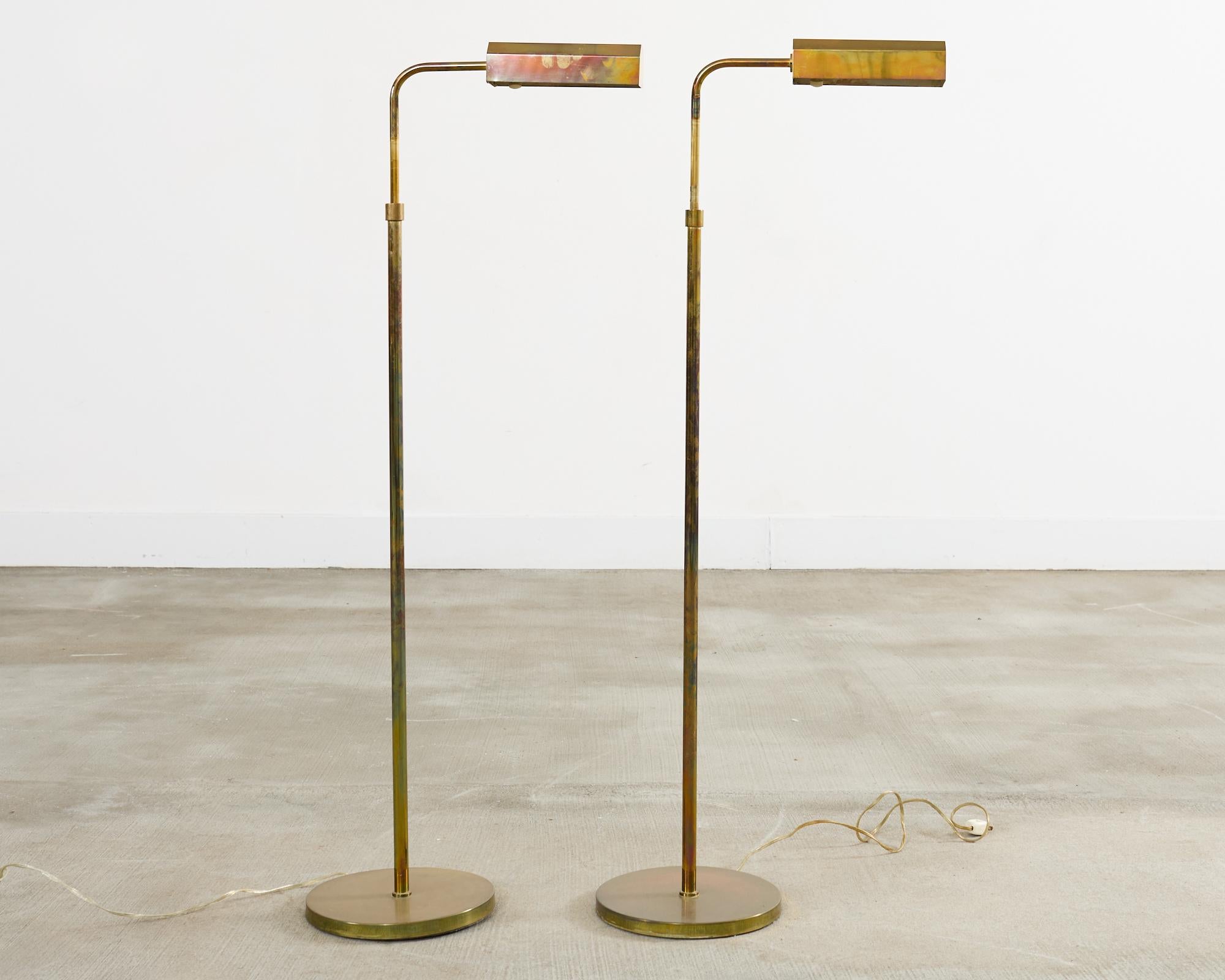 Patinated Pair of Midcentury Brass Pharmacy Floor Lamps Casella Attributed