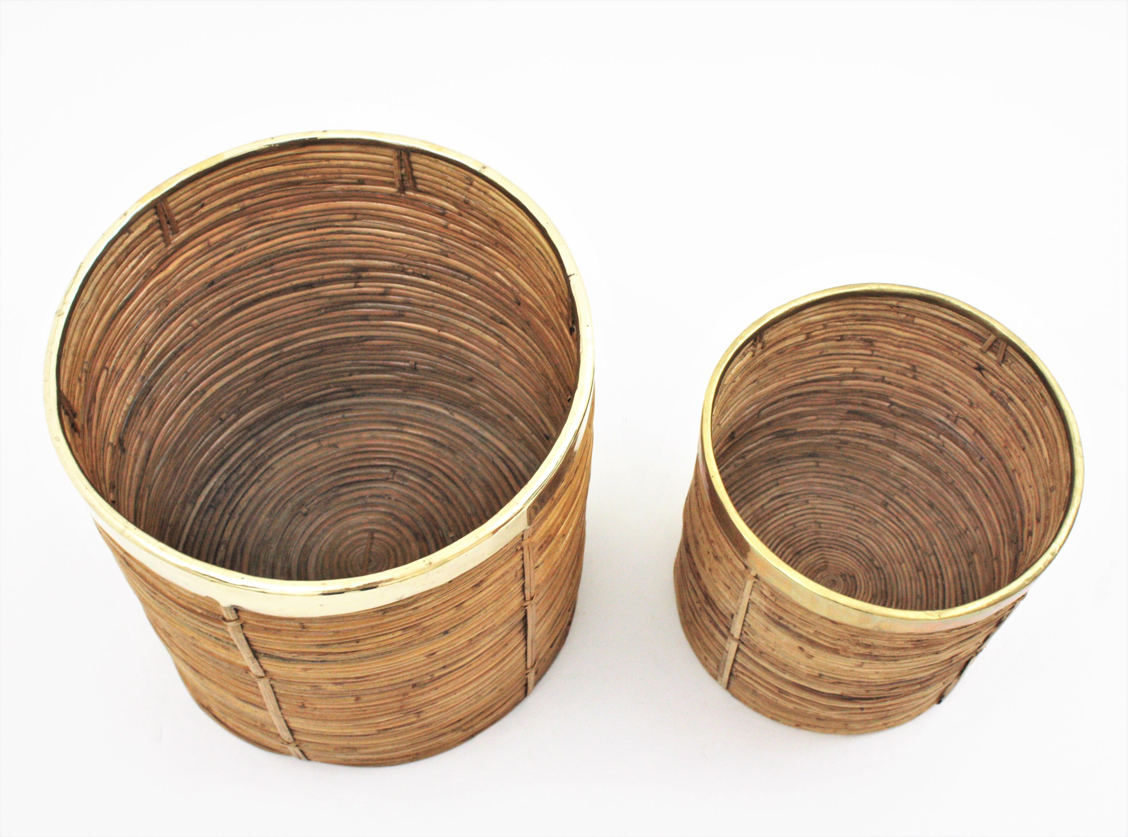 Pair of Mid-Century Brass & Rattan Bamboo Round Planters or Baskets, 1970s For Sale 1