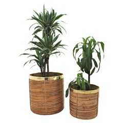 Vintage Pair of Mid-Century Brass & Rattan Bamboo Round Planters or Baskets, 1970s