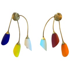 Pair of Midcentury Brass Sconces with Multicolored Murano Glass Tulip Shaped